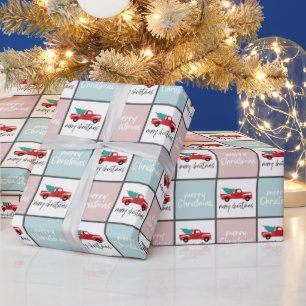 Papier Cadeau Camion de Noël rose, bleu et blanc Joyeux