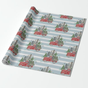 Papier Cadeau Camion de Noël rustique Arbres Bleu rayé