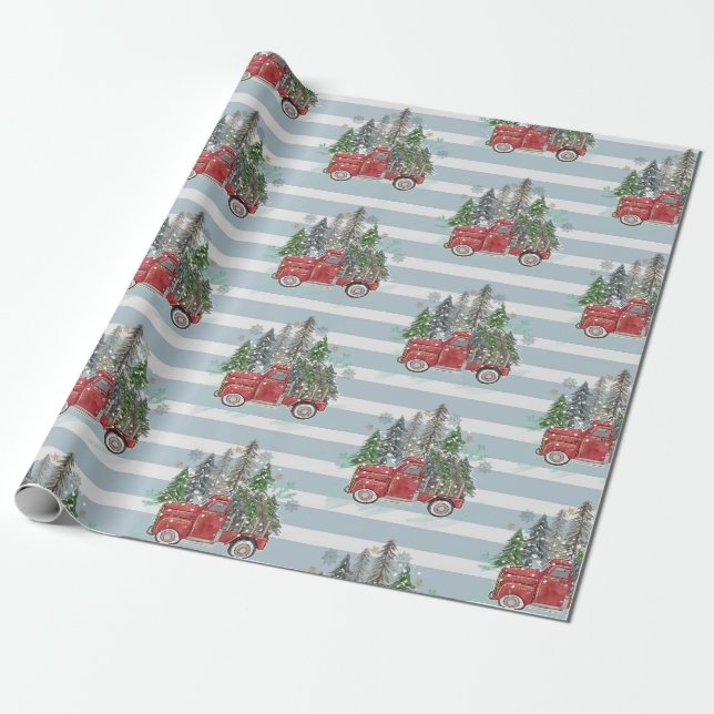 Papier Cadeau Camion de Noël rustique Arbres Bleu rayé (Déroulé)