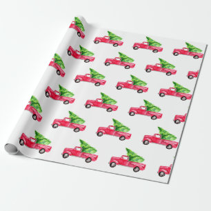 Papier Cadeau Camion de ramassage rouge Arbre de Noël Aquarelle 