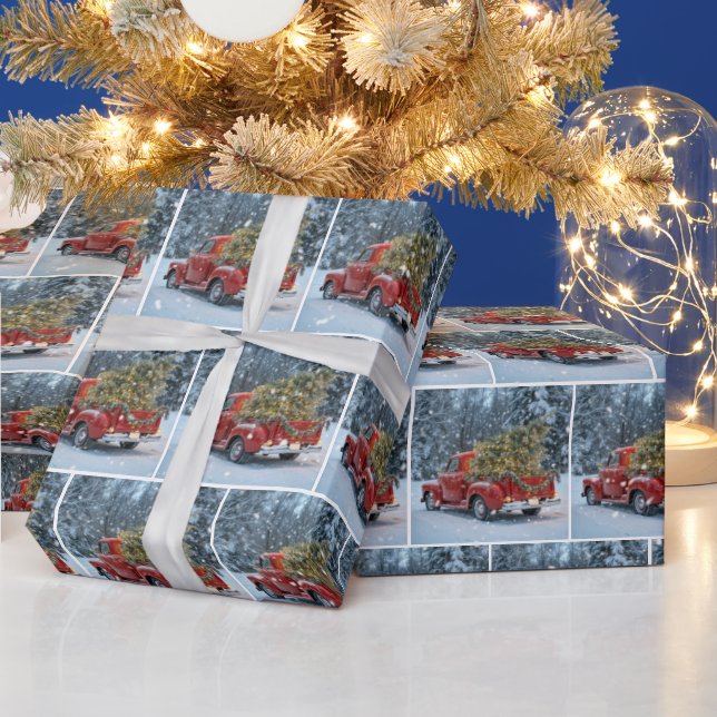 Papier Cadeau Camion Red Retro Avec Arbre De Noël Dans Les Flamm (Vacances)
