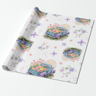 Papier Cadeau Camion Rétro Sarcelle et Violet avec Œufs de Pâque