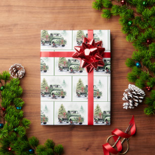 Papier Cadeau Camion Rétro Vert de Noël avec Arbre