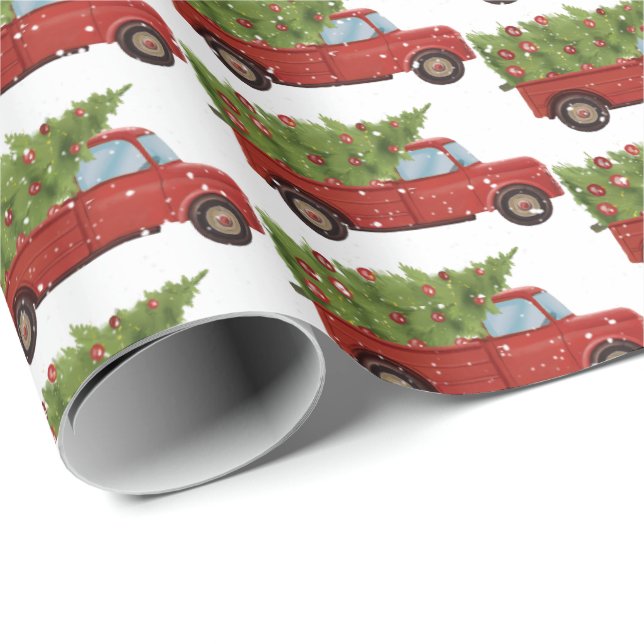 Papier Cadeau Camion Rouge avec arbre de Noël (Coin rond)