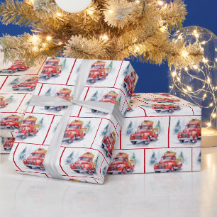 Papier Cadeau Camion Rouge Rétro Aquarelle Dans Les Flammes De N