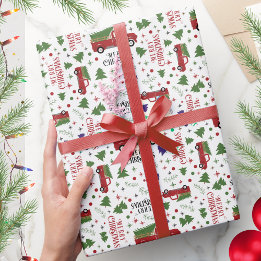 Papier Cadeau Camion rouge vintage avec arbre Noël