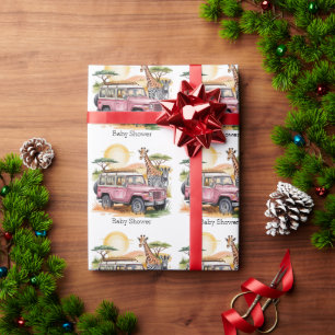 Papier Cadeau Camion Vintage rose avec Baby shower Safari Animau