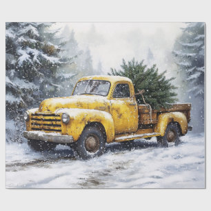 Papier Cadeau Camionnette Jaune Vintage de Noël