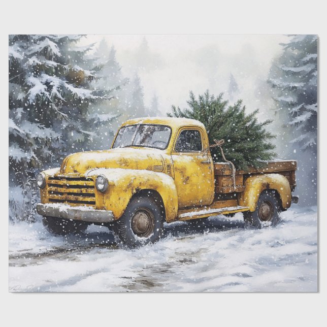 Papier Cadeau Camionnette Jaune Vintage de Noël (Plat)