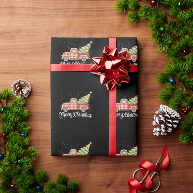 Papier Cadeau Camionnette Rouge Plaid de Buffalo Joyeux Noël (Cadeau de vacances)