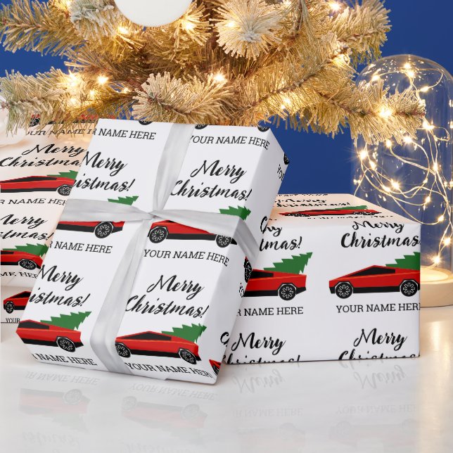 Papier Cadeau Camionnette Tesla rouge avec sapin de Noël (Vacances)