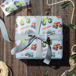Papier Cadeau Camions Monster Petit Garçon Coloré avec prénom