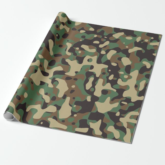 Papier Cadeau Camo Camouflage Vert Brown Beige Armée Militaire (Déroulé)
