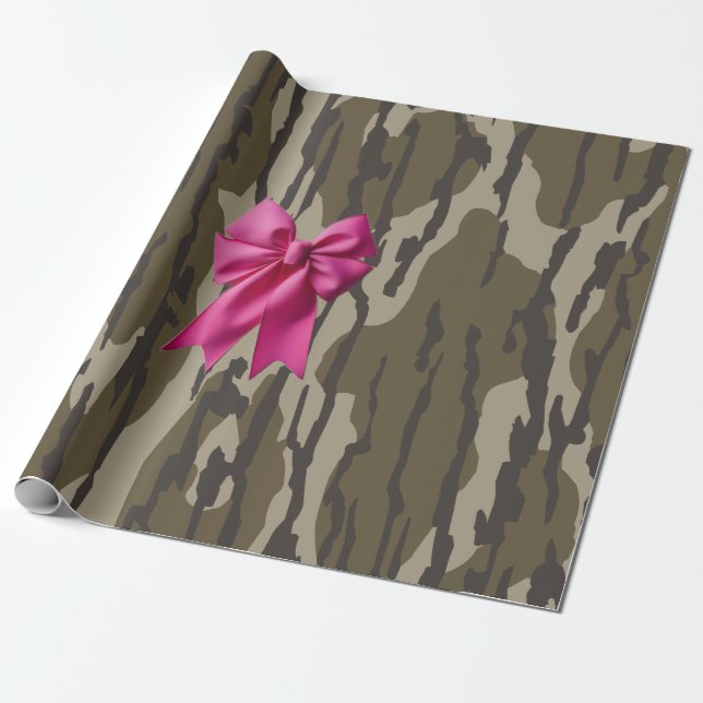 Papier Cadeau Camo Fille Ruban Rose Arc Bas Camo (Déroulé)