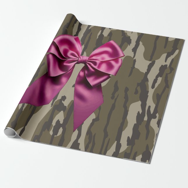 Papier Cadeau Camo Fille Ruban Rose Arc Bas Camo Bottom Lands (Déroulé)