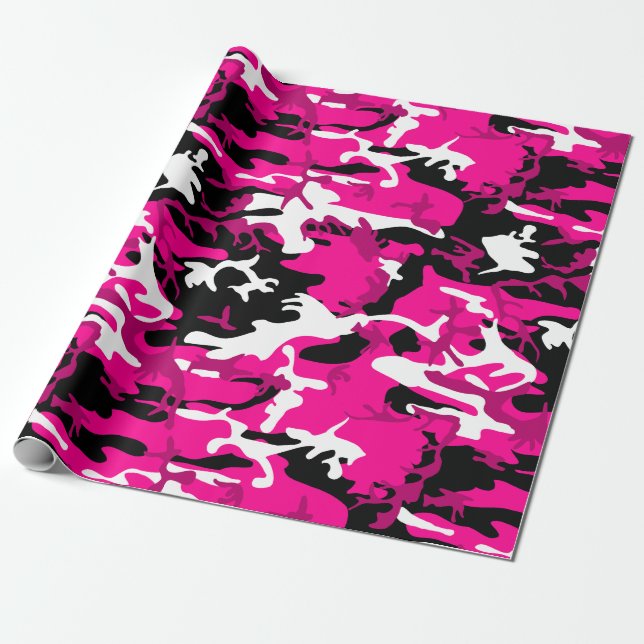 Papier Cadeau camouflage rose chaud noir blanc camo (Déroulé)