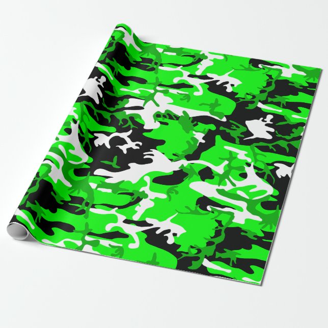 Papier Cadeau camouflage vert acide noir blanc (Déroulé)