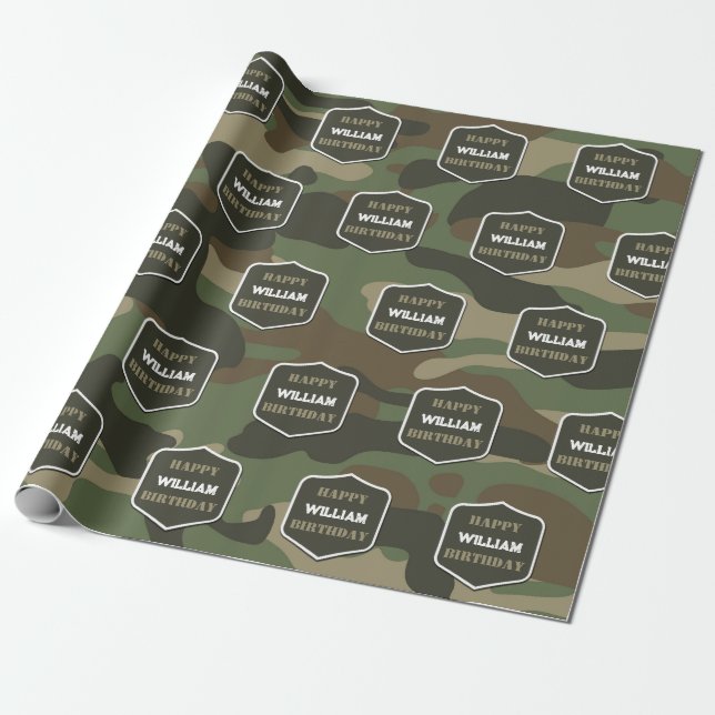 Papier Cadeau Camouflage Vert Camo Armée Monogramme Anniversaire (Déroulé)