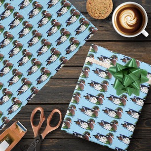 Papier Cadeau Canard en bois coloré nénuphar faune bleu