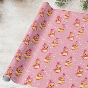 Papier Cadeau Canard mou en rose et flocon de neige