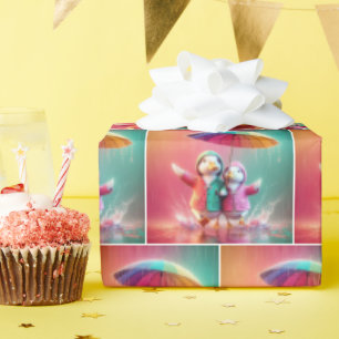 Papier Cadeau Canards Blancs Marchant Dans La Pluie