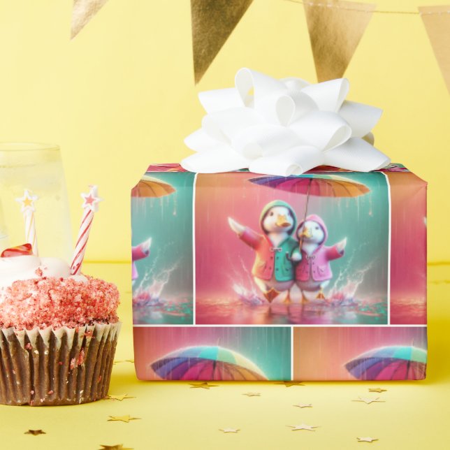 Papier Cadeau Canards Blancs Marchant Dans La Pluie (Fête d'anniversaire)