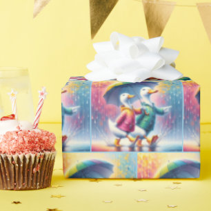 Papier Cadeau Canards Blancs Marchant Dans La Pluie