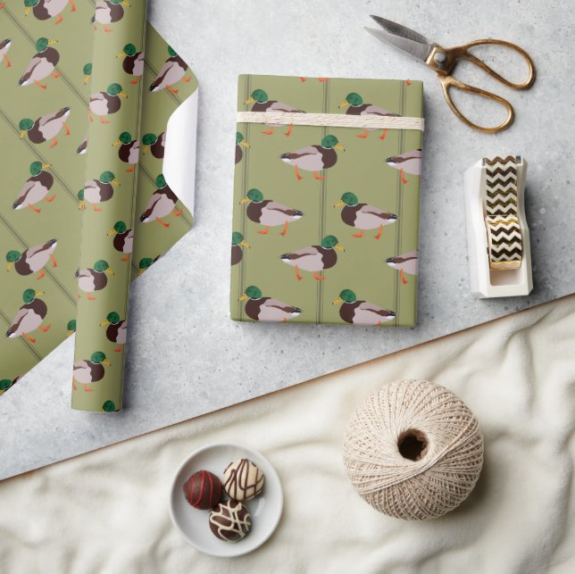 Papier Cadeau Canards colverts aux rayures vertes d'olive (Artisanat)