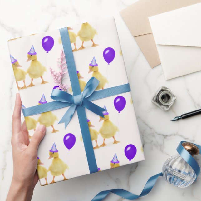 Papier Cadeau Canards d'anniversaire avec ballons violets (Cadeaux)