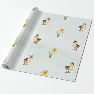 Papier Cadeau Canards et jonquilles en pastel mignons