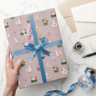 Papier Cadeau Canards et nénuphars sur gris rose clair