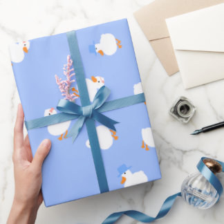 Papier Cadeau Canards illustrés à la main pour Baby Shower Bleu