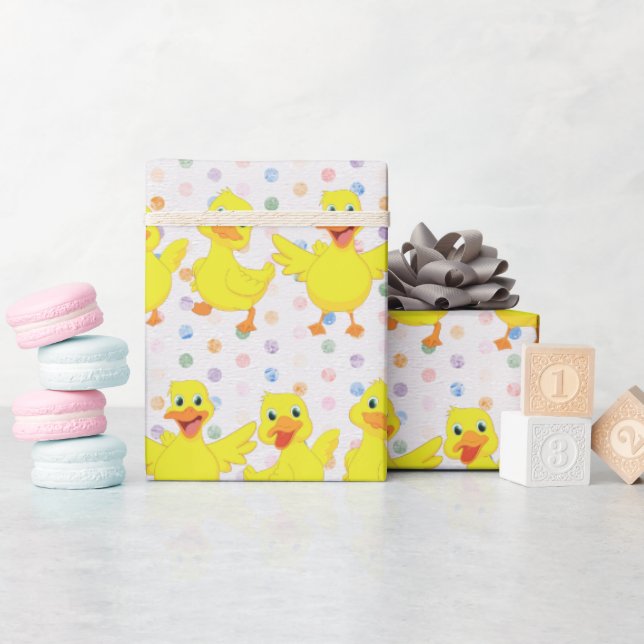Papier Cadeau Canards jaunes sur Pois (Baby Shower)