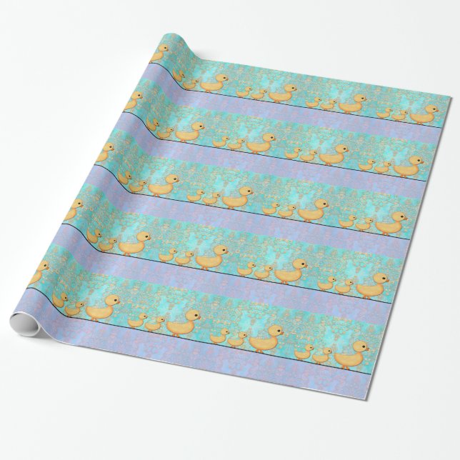 Papier Cadeau Canards mignons sur Damas violet turquoise (Déroulé)