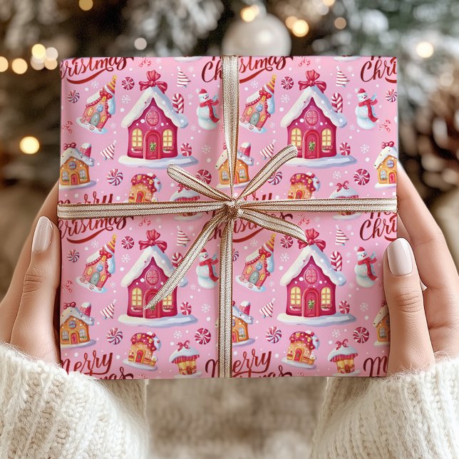 Papier Cadeau Candy Festive Whimsical Rose Joyeux Noël (Candy Festive Whimsical Pink Merry Christmas Wrapping Paper)