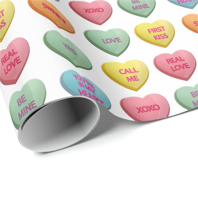 Papier Cadeau Candy Love Hearts Motif des mots romantiques (Coin rond)
