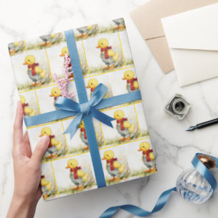 Papier Cadeau Caneton à l'aquarelle portant une salopette en jea