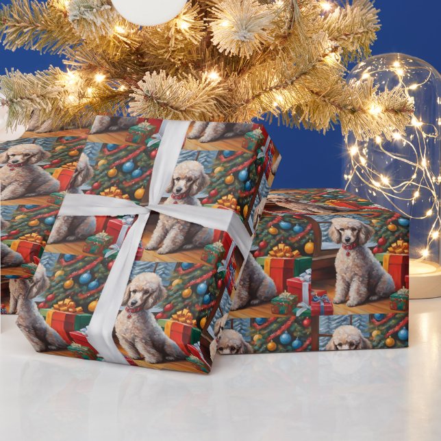 Papier Cadeau Caniche de Noël avec arbre de Noël, Cadeaux (Vacances)