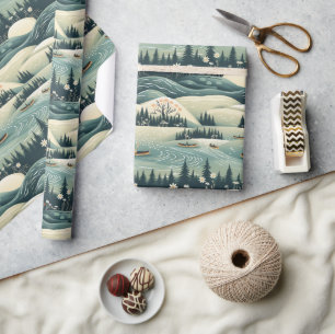 Papier Cadeau Canoë Voyage et rivière Flux Plumes Design Motif