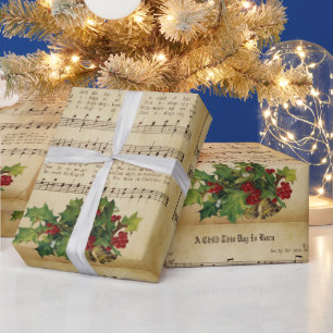 Papier Cadeau Cantique de Noël Vintage Un Enfant Naît Ce Jour 