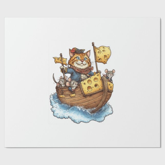 Papier Cadeau Capitaine Meowbeard � Graphique de chat pirate drô (Plat)