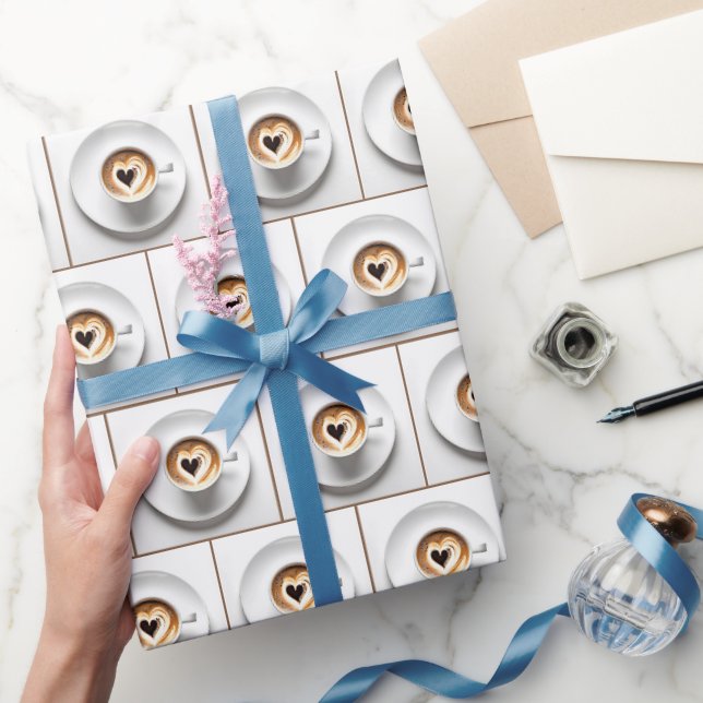 Papier Cadeau Cappuccino au cœur Tasse sur blanc (Cadeaux)