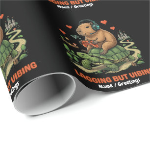 Papier Cadeau Capybara et Tortue Gamer Drôle "Lagging But Vibing