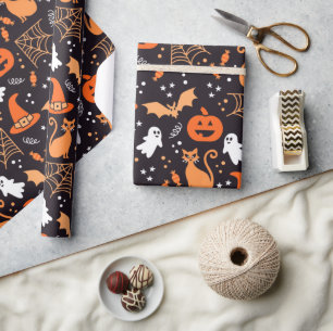 Papier Cadeau Caractères d'halloween illustrés mignons sur bg no