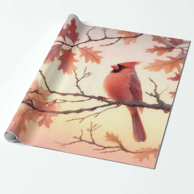 Papier Cadeau Cardinal aquarelle et Feuilles d'automne Découpage (Déroulé)