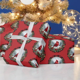 Papier Cadeau Cardinal rouge avec baies de houx