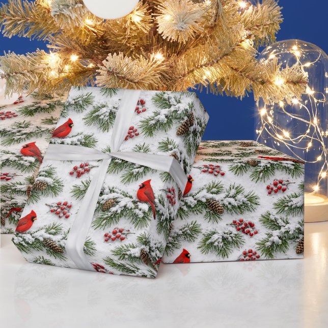 Papier Cadeau Cardinal rouge de Noël Épinette enneigée (Vacances)