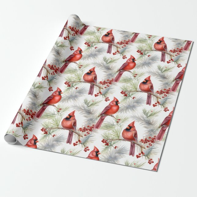 Papier Cadeau Cardinal rouge en hiver, Noël (Déroulé)