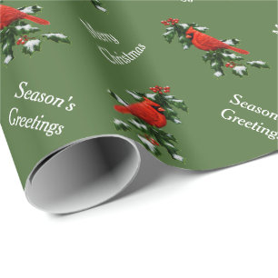 Papier Cadeau Cardinal rouge mâle et houx vert