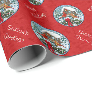 Papier Cadeau Cardinaux de Noël Mangeoire Rouge